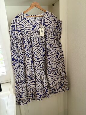 NWT Easel Purple/Cream Smocked Ruffle Flowy Botanical  Boho Dress